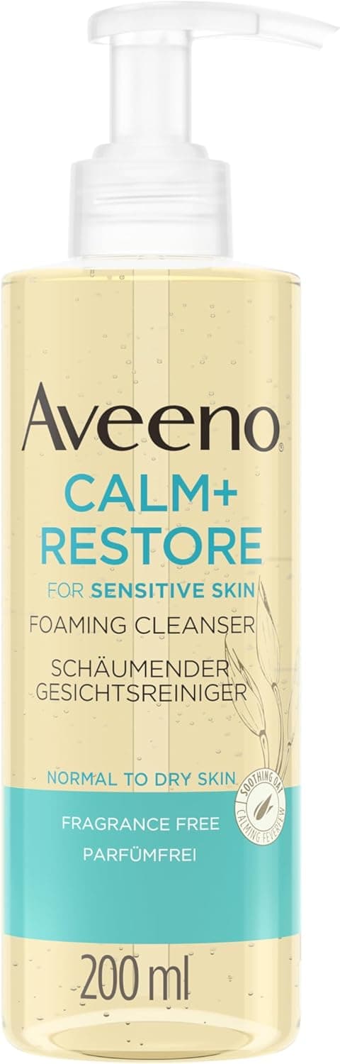 Aveeno Calm + Resort Nettoyant moussant pour le visage (200 ml), élimine le maquillage, mascara imperméable + laisse une sensation d'hydratation sur la peau, gel à mousse, pour peaux sensibles, sans