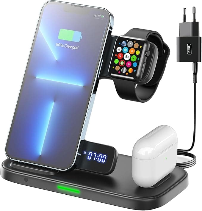 INIU 3 in 1 Induction Charger, 15W Charging Station Compatible with Magsafe, Wireless Charger for iPhone 16 Pro 15 Plus 14/13/12/11/10/9/8, Apple Watch 8 7 6 and Airpods 3 2 Pro