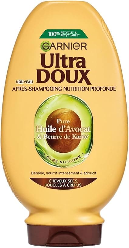 Garnier Ultra Doux Conditioner for Dry, Curly to Kinky Hair - With Avocado Oil and Shea Butter - Creamy and Smooth Texture - 250 ml - Men and Women - Image 1