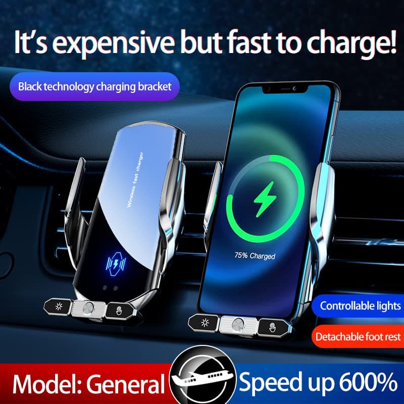 Wireless Phone Holder for Car Charger 15W Fast Charging Mobile Phone Holder Wireless Charging Magnetic Head with Type-C/iOS/Micro USB Port (Black) - Image 8