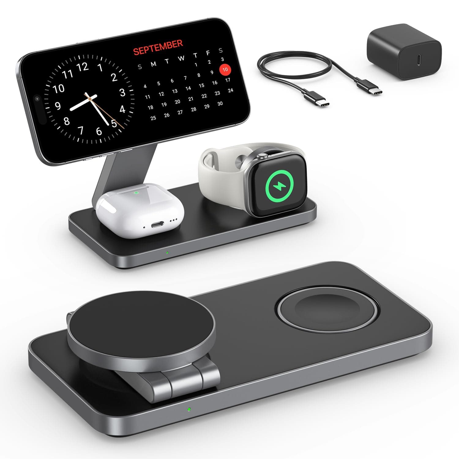 EXW Charging Station for iPhone 17 16 15 14 13 12 Pro/Max/Plus, Apple Watch 9 8 SE 7 6 5 4 3 2, Airpods 2/3/Pro, Charging Dock, Fast Wireless Charger (All Black) - Image 1