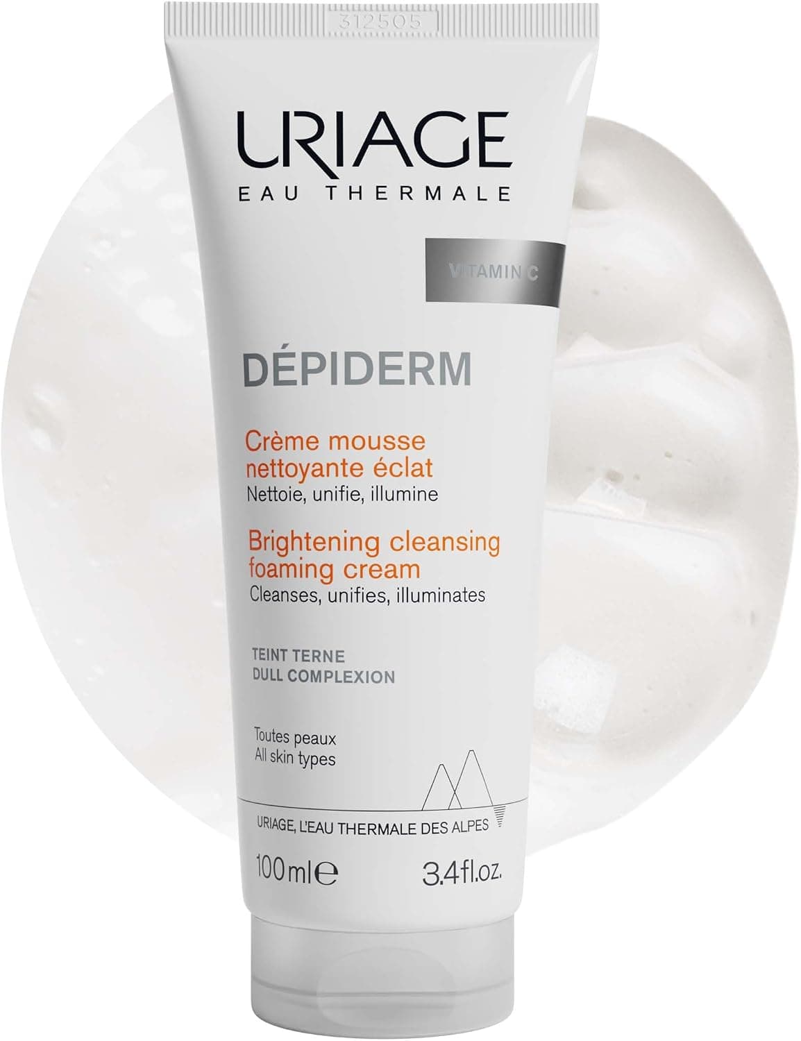 Uriage Dépiderm Crème Mousse Nettoyante Visage Éclat 100 ml - Nettoie, Unifie, Illumine le Teint Terne - Corrige et Prévient les Tâches - Puissance de la Technologie Mela & Vitamine C