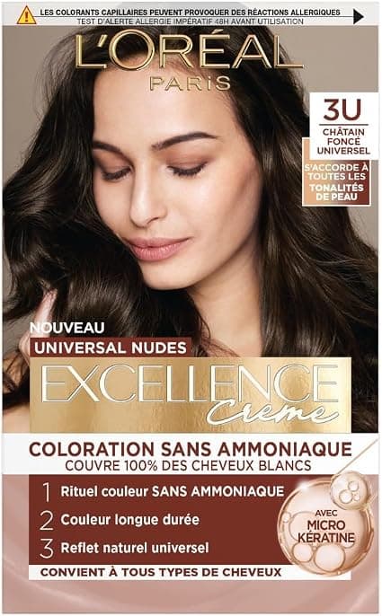 L'ORÉAL PARIS - Permanent hair colour - Long-lasting - Natural & luminous result - 100% coverage of white hair - Excellence Crème Universal Nudes - Shade: Universal Dark Brown (3U) - Image 1