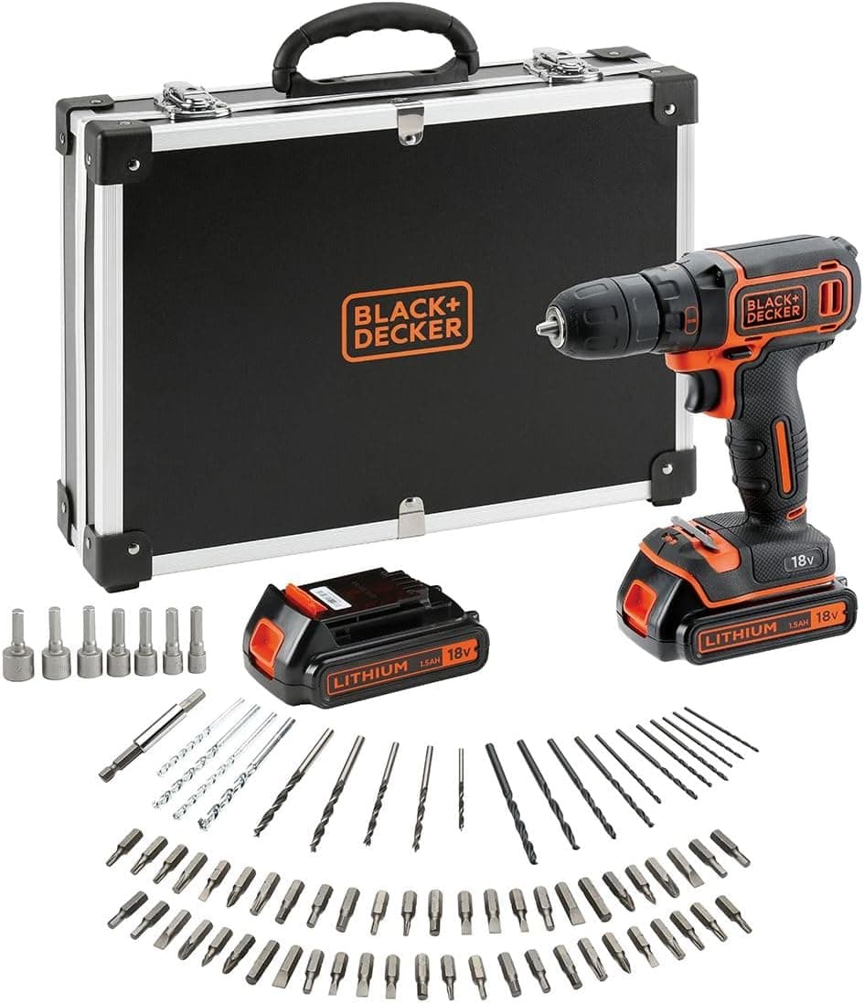 BLACK+DECKER BLACK+DECKER BDCDC18BAFC-QW 18V Compact and Lightweight Cordless Drill with 2 x 1.5Ah Batteries, Fast Charger and 80 Accessories in Storage Case