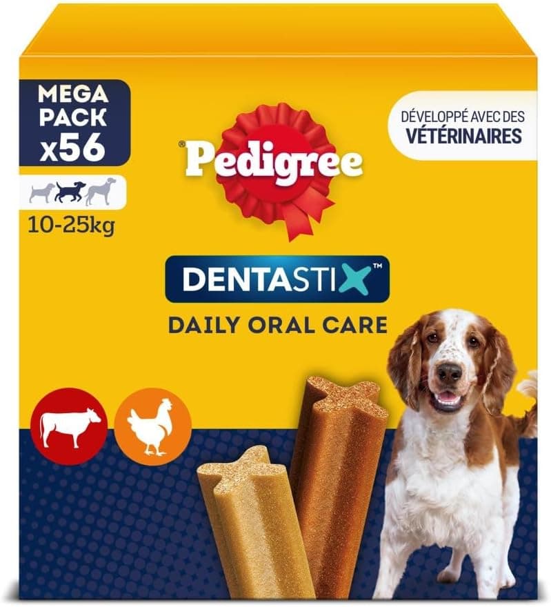 Pedigree DENTASTIX 56 Bâtonnets à Mâcher pour Moyen Chien 10-25kg, 8 Sachets de 7, Saveur Poulet et Bœuf, Détartrage Dentaire Chien, Soins Dentaires pour Chien