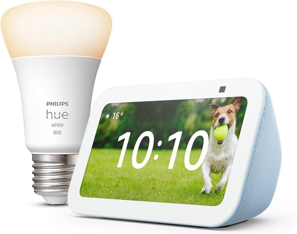 Echo Show 5 (3e génération) | Bleu-gris + Philips Hue White ampoule connectée (E27), Fonctionne avec Alexa - Kit de démarrage Maison connectée