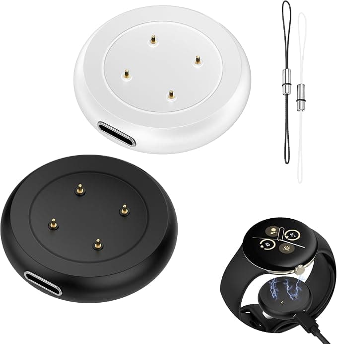 2 Pieces USB-C Adapter Compatible with Google Pixel Watch 3 (41/45mm)/Pixel 2/Fit-bit Versa 4/Versa 3/Sense 2/Sense/Ace LTE, Magnetic Charger Reinforced & Wear-Resistant-Black/White - Image 1