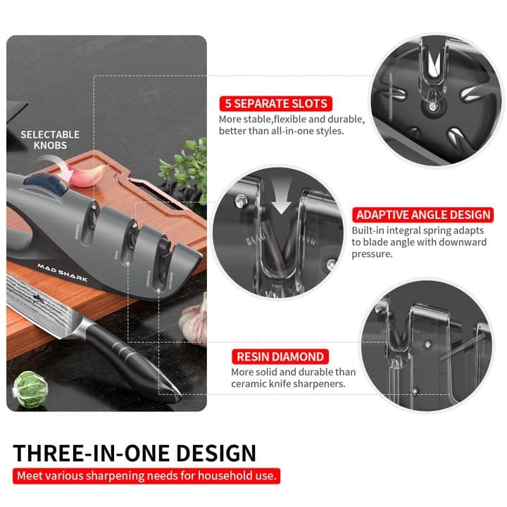 Mad Shark Kitchen Knife Sharpener - 5 Adjustable Sharpening Angles, Pocket Knife Sharpening Design, Non-Slip Rubber Handle Design, Knife Sharpener for Knives - Image 3