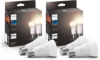 Philips Hue White, Pack of 4 E27 60W Smart LED Bulbs, 1100 Lumens, Bluetooth Control, Compatible with Alexa, Google Assistant and Apple Homekit Older Generation          [Energy Class F]