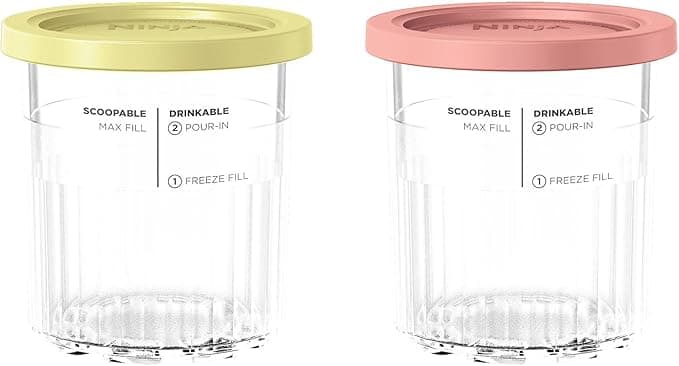 Ninja Ninja Creami Deluxe Ice Cream Jars, Set of 2, Authentic Ninja Accessory, BPA Free & Dishwasher Safe, Coloured Lids, 500 ml, Clear/Coral/Yellow, XSKPNTLD2EUUK