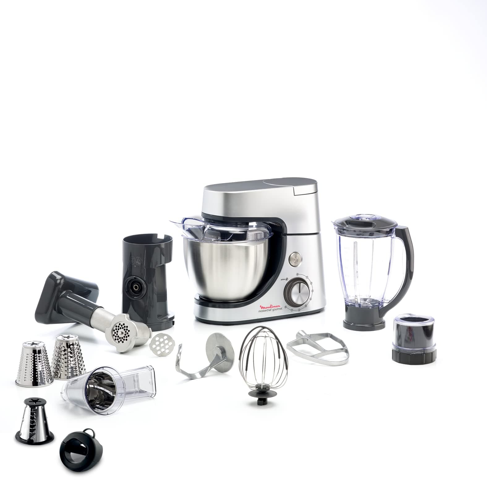 Moulinex 1100W Pastry Processor, Blender, Vegetable Cutter with Accessory for Macedonia, Meat Grinder, Mini Chopper, Masterchef Gourmet Silver QA519D32
