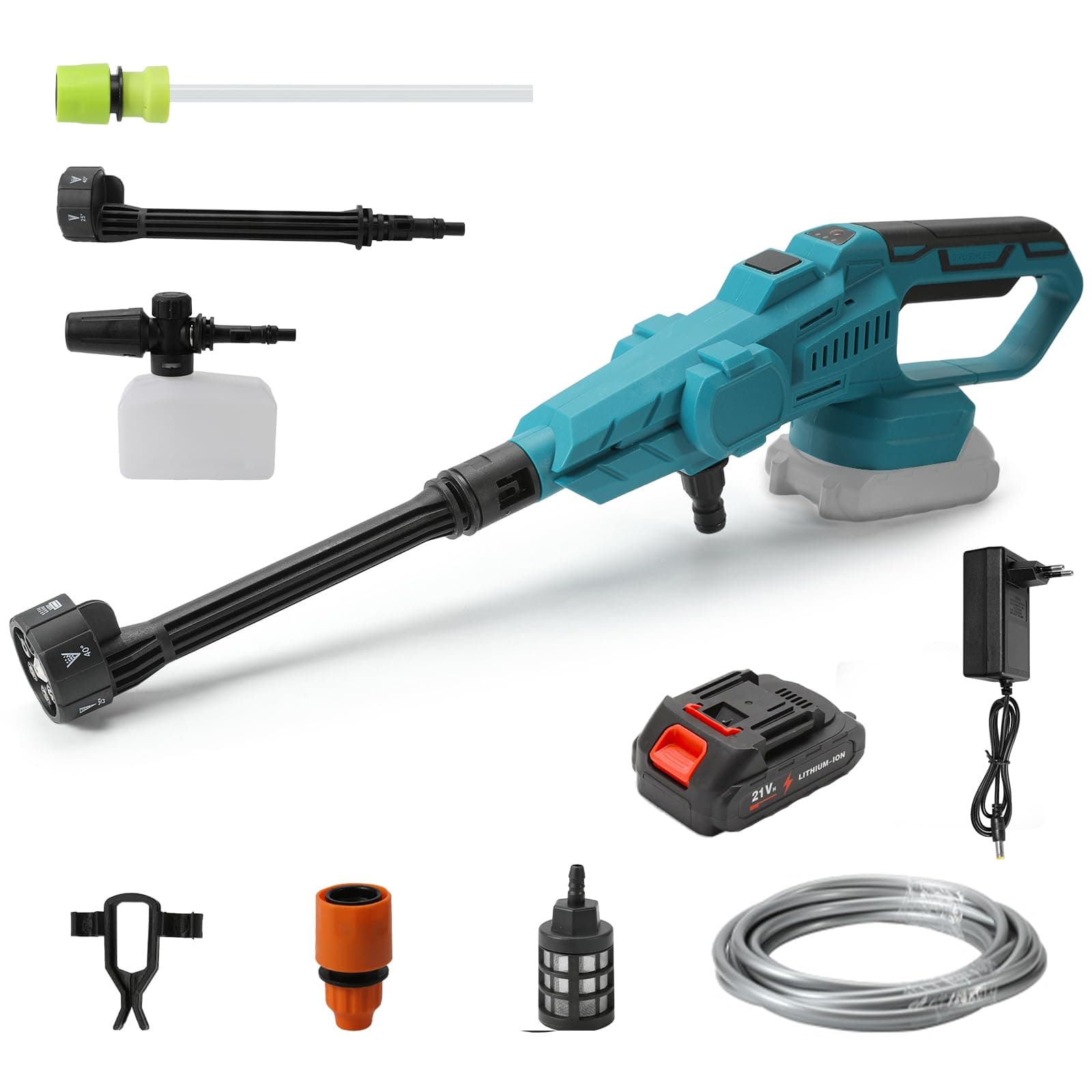 Cordless High Pressure Cleaner for Makita 18 V Battery, 70 Bar High Pressure Gun, 6 in 1 Nozzle, 5 m Hose for Cleaning Yard, Car and Garden Floors