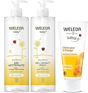 WELEDA Calendula Baby Care Set - Changing Cream 75 ml, Cleansing Gel 400 ml & Cleansing Water 400 ml - Protection & Gentle Toilet for Sensitive Skin from Birth