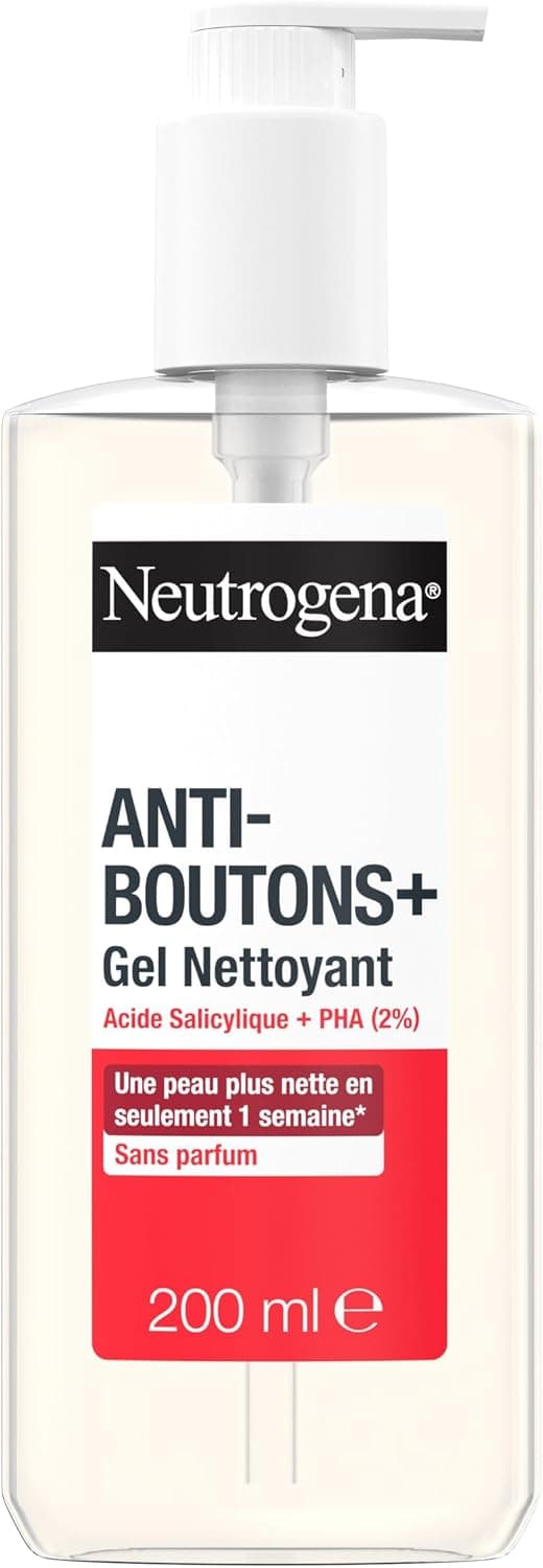 Neutrogena – Gel Nettoyant Anti-Boutons + Acide Salicylique + 2% PHA (200 ml) – Soin visage anti-boutons non comédogène et non gras – Nettoyant visage pour peaux à tendance acnéique sans parfum - Image 1