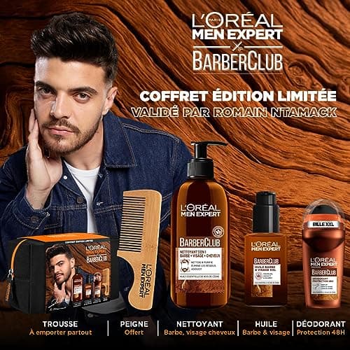 L'Oréal Men Expert Trousse BarberClub édition limitée Romain Ntamack, Huile Barbe Longue et Visage 50ml + Nettoyant 3en1 Barbe, Visage, Cheveux 200ml + Déodorant Bille Protection 48h 50ml - Image 3