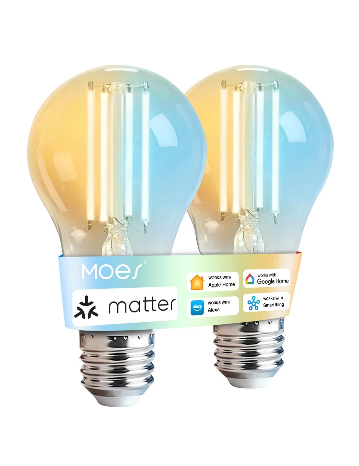 MOES Matter E27 Smart Vintage Light Bulb, WiFi LED Lamp, Dimmable, 2700K-6500K Warm & Cold White, Edison Bulb, Compatible with Apple Home, Alexa, Google Home, 2-Piece