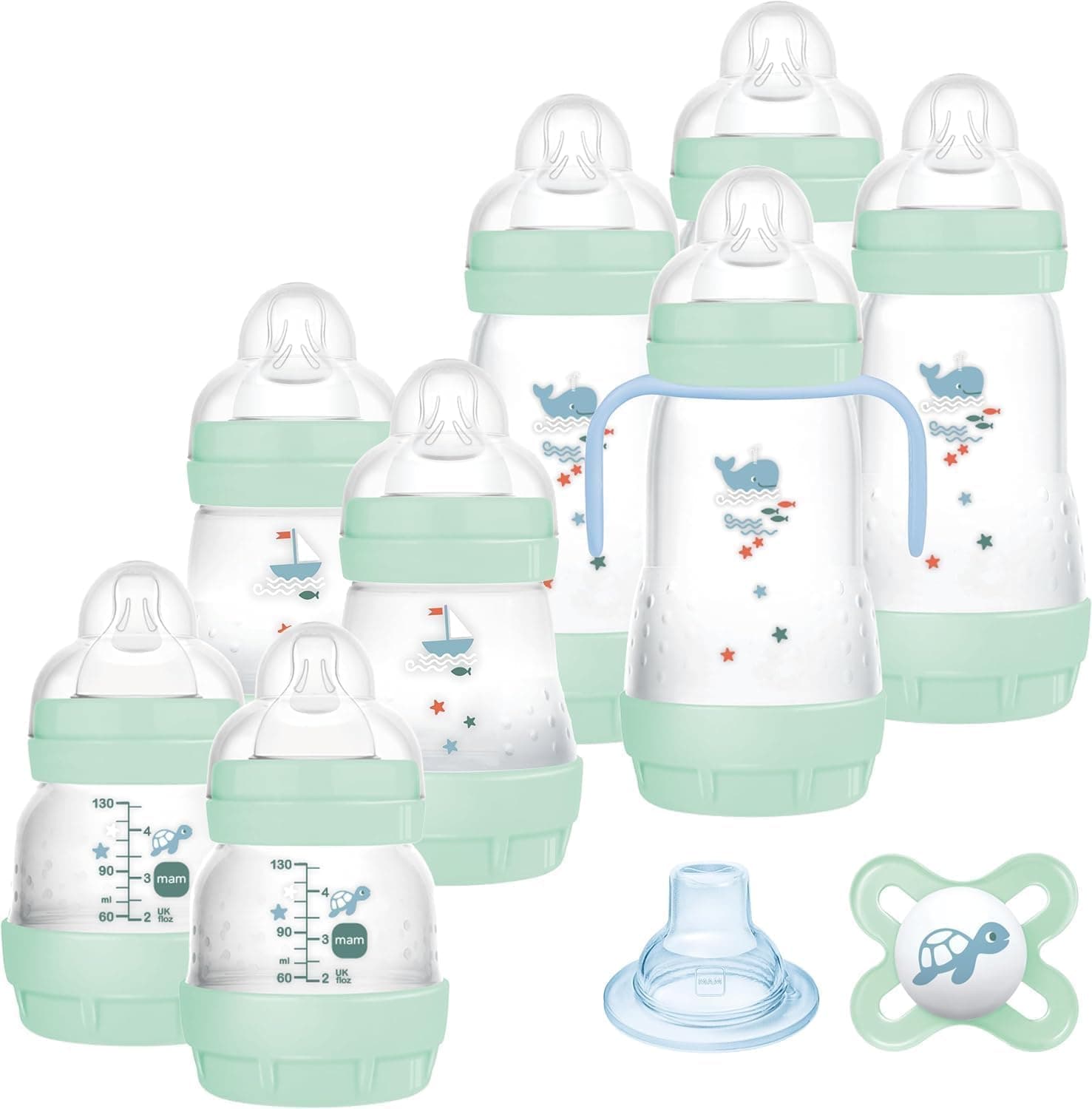Mam Biberon anti-coliques Easy Start, 8 biberons en formats de 130 ml, 160 ml et 260 ml, 1 Start Nano, 4 disques d'étanchéité, 1 bec extra souple, couleurs assorties, 7 à 30 g - Image 10