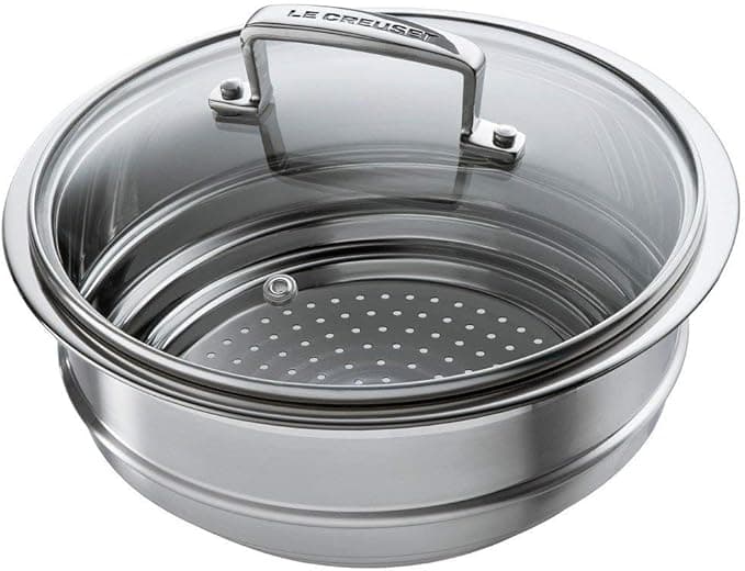 Le Creuset Steamer Basket, Stainless Steel 3-ply, With Glass Lid, Suitable for Saucepans and Saucepans 16/18/20 cm, Silver,962019000001000 - Image 1