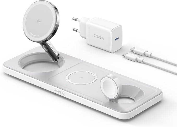 Apple Anker iPhone 15W Induction Charger 3-in-1 Foldable Ultra Fast Qi2 Certification Induction Charging Station for iPhone 17/16 Series, AirPods, Apple Watch (USB-C Charger and Cable Included)