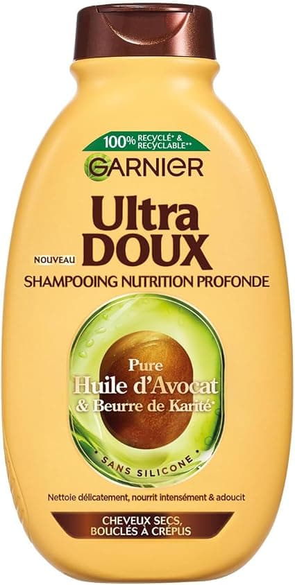 Garnier Ultra Doux Shampoo for Dry, Curly to Kinky Hair with Avocado Oil and Shea Butter - Creamy and Smooth Texture - 300 ml - Men and Women - Image 1