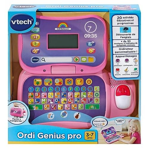 VTech - Ordi Genius Pro Pink, Children's Laptop with Backlit Screen, Mouse, 20 Evolutionary Games, Educational Toy, Gift for Children from 3 to 7 Years - Content in French and English - Image 5