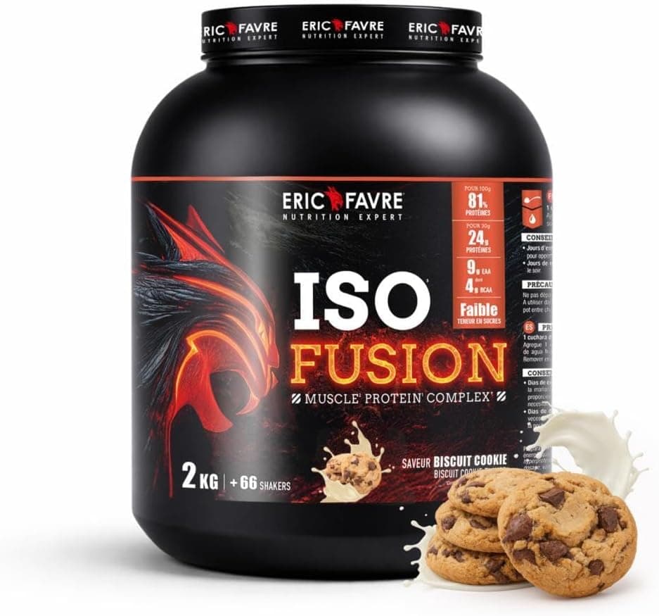 ISO FUSION - 81% protein, 9g EAA including 4g BCAA per shaker - 5-source complex - High Digestibility & Absorption - Low in sugars - 2kg - Cookie flavour - Eric Favre
