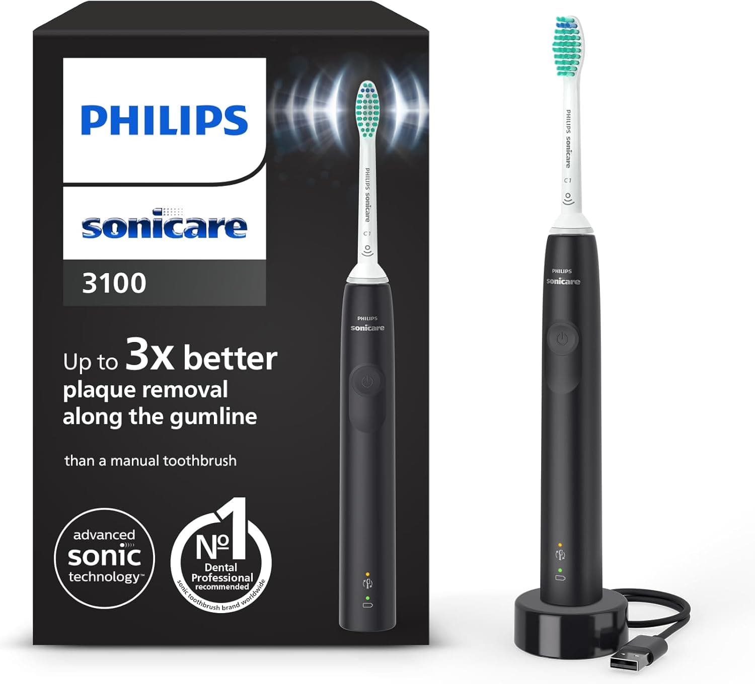 Philips Philips Sonicare 3100, Brosse à dents électrique sonique, capteur de pression et minuterie, noir, modèle HX3671/14