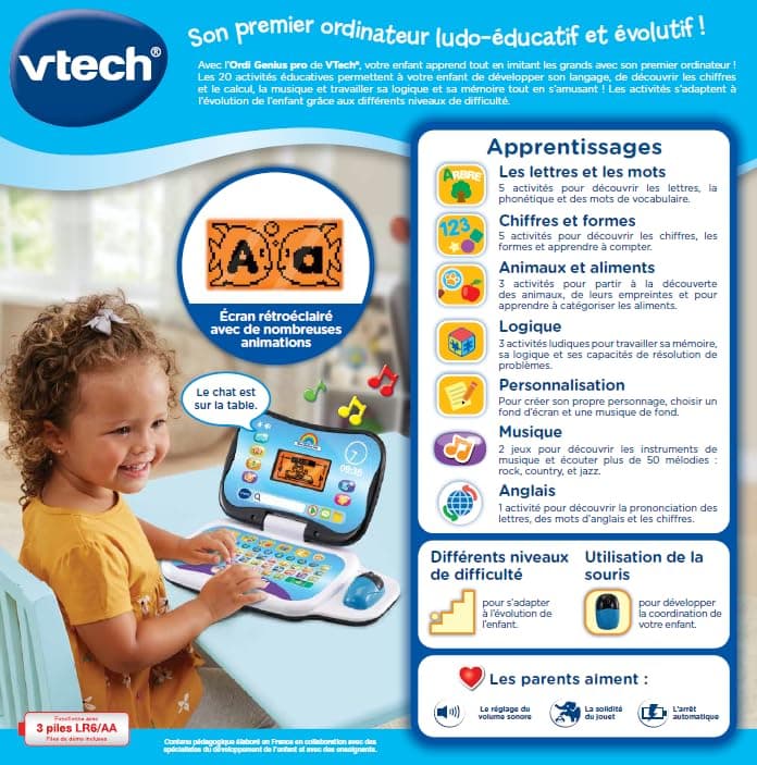 VTech - Ordi Genius Pro Black, Children's Laptop with Backlit Screen, Mouse, 20 Evolutionary Games, Educational Toy, Gift for Children from 3 to 7 Years - Content in French and English - Image 7