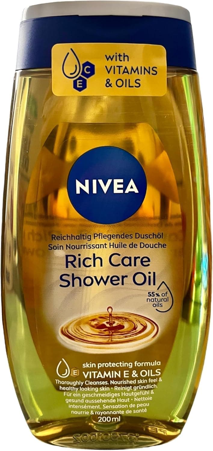 NIVEA Huile de Douche nourrissante (1 x 200 ml), Gel douche soin nourrissant Vitamine E et huiles naturelles, Gel lavant corps, sensation de peau nourrie & rayonnante de santé, tous types de peau - Image 1