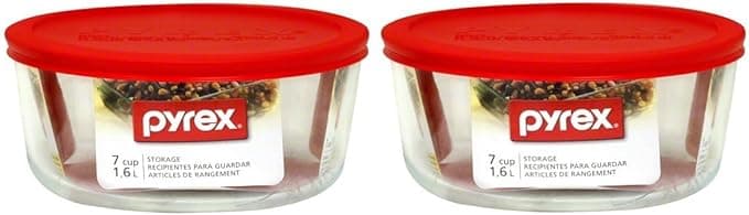 Pyrex Pyrex Pyrex COMINHKR097849 Set of 2 Round Containers with Plastic Lids 7 Cups Red