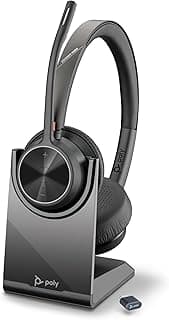 Voyager 4320 UC Wireless Headset and Charging Stand, Binaural Headsets with Noise Cancelling Microphone Boom, Connecting to PC/Mobile Phone via Bluetooth, Functions: Teams, Zoom