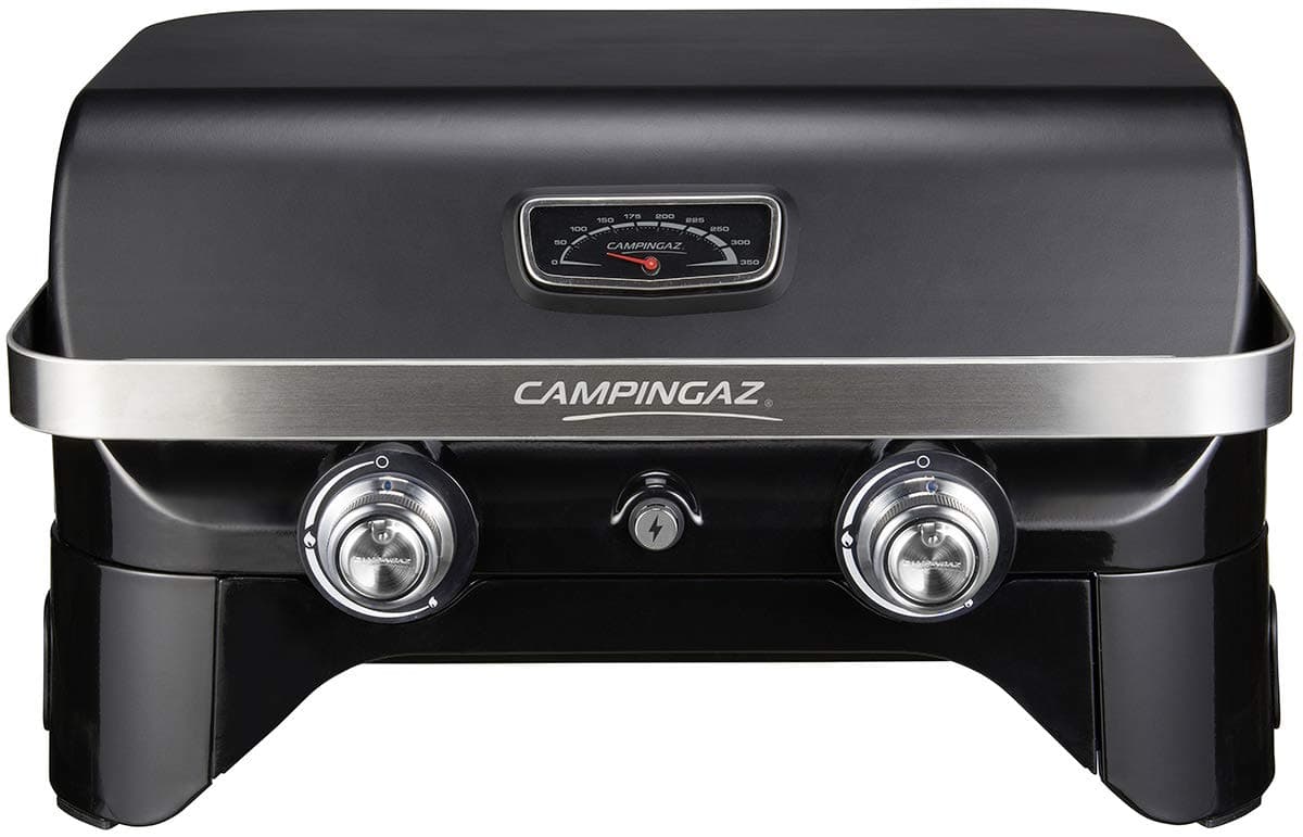 Campingaz Attitude 2100 LX Portable Table Gas Barbecue with 2 Steel Burners 5kW Power Camping Gas Barbecue with Warming Grill, Thermometer, Cast Iron Grill and Griddle