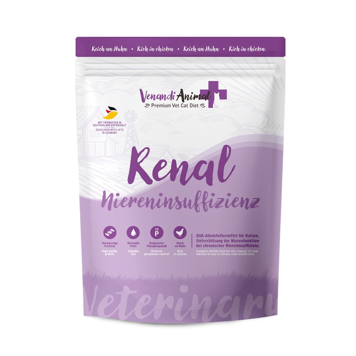Venandi Animal Vet – Croquettes Premium pour Chats - Aliment diététique – Insuffisance rénale/Renal – Poulet, 1er Pack (1 x 1,5kg), sans céréales
