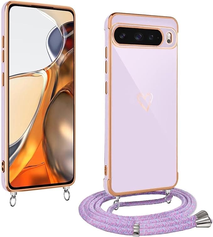 Google ESONG Ultra Thin Case for Google Pixel 9/9 Pro with Cord Necklace for Women with Cute Love Heart Design, Shockproof Silicone Protective Case Lanyard Case Purple