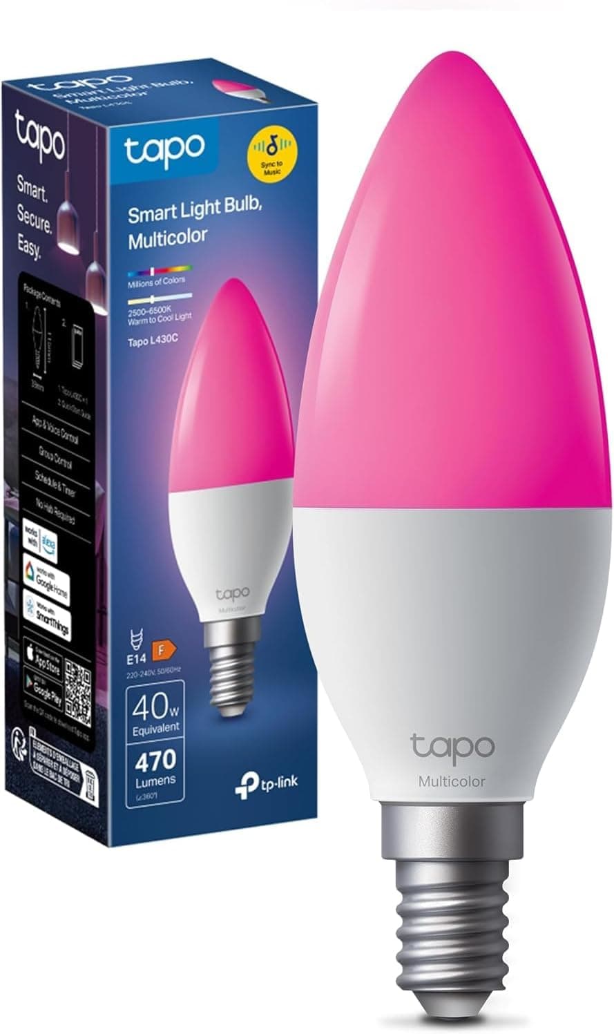 Tapo Ampoule Connectée WiFi, Ampoule LED E14 Multicolore 2500K-6500K, Dimmable 40W 470Lm, Fonctionne avec Alexa, Commande Vocale, Economie d'énergie, L430C.