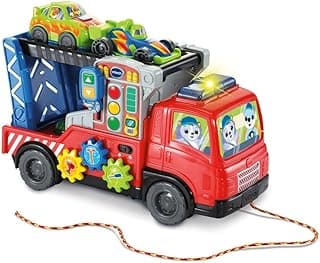 VTech - Super Camion Dépannage Interactif - Jouet à Tirer 3 en 1 - Camion Transporteur de Voitures, Dépanneuse Jouet Enfant, Rampe Voiture de Course - Cadeau Enfant Dès 1 an - Contenu en Français