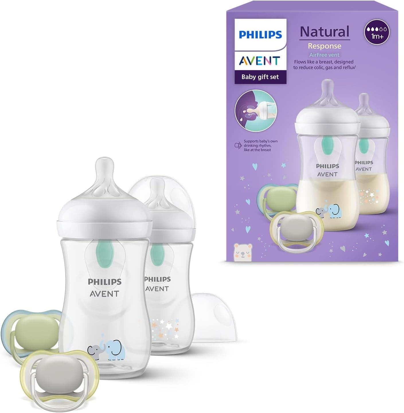 Philips Avent Natural Response Baby Bottle Set: 2 x 260 ml Anti-Colic Bottles with T3 Teats (1 Months+), 2 Ultra Air Soothers (Model SCD657/12) - Image 1