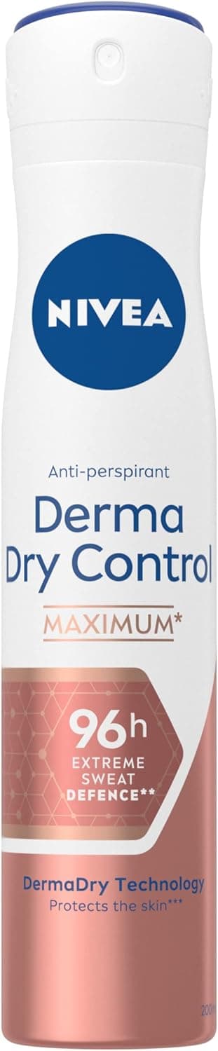 NIVEA NIVEA Derma Control 96 h Déodorant spray (1 x 200 ml), Détranspirant contre la transpiration excessive, l’humidité et les odeurs, cliniquement approuvé, Déodorant femme à la formule brevetée