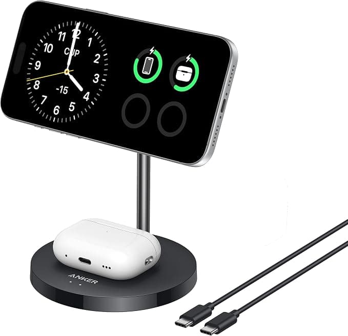Anker Anker Induction Charger iPhone Charging Base 15W, Adjustable Stand 2-in-1, USB-C Cable 1.5m, Dual LED, Ultra Fast MagSafe for iPhone Series 17/16 and 5W for AirPods (No AC Adapter)