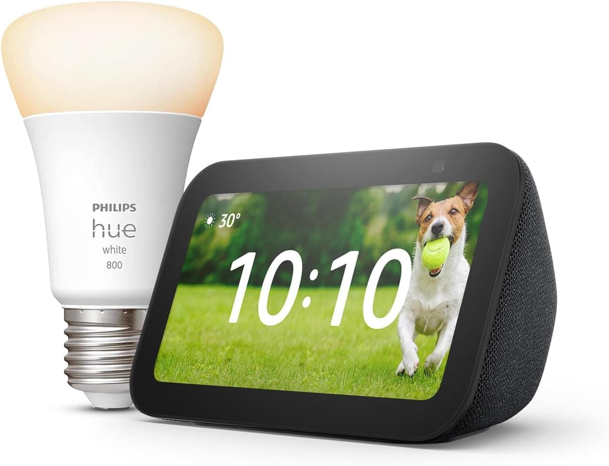 Echo Show 5 (3e génération) | Anthracite + Philips Hue White ampoule connectée (E27), Fonctionne avec Alexa - Kit de démarrage Maison connectée