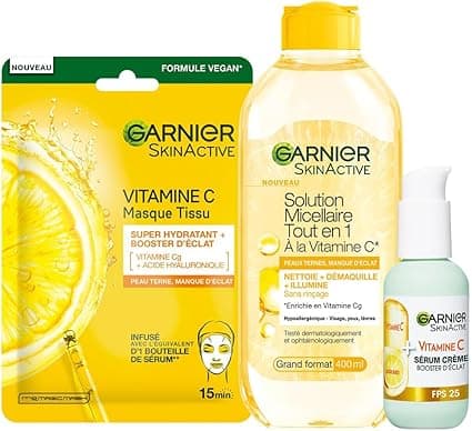 Garnier Garnier - Radiance Routine Set 3 Products - Enriched with Vitamin C - For Dull Skin - Face Cream Serum (50ml), Moisturizing Tissue Mask, Micellar Water All in 1 (400ml)