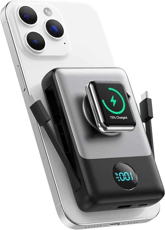 Magnetic External Battery with Built-in Cable, 10800mAh Wireless Powerbank PD 25W Fast Charge Portable External Charger with LED Display Compatible with MagSafe/Apple Watch/iPhone 16/15/14/13/12