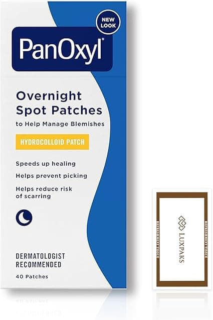 Skincare Set: Contains PanOxil PM Overnight Spot Patches 40 Count – Fragrance Free Hydrocolloid Dots with LuxPaks Wipe