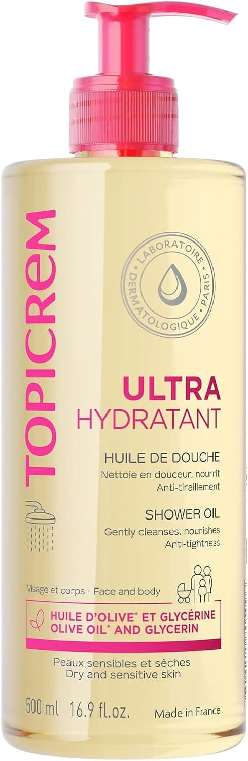 Topicrem - Ultra-Hydratant, Huile de Douche - Nettoie, Nourrit, Protège - Gel Douche Visage et Corps pour Peaux Sensibles, Sèches, Bébés, Enfants et Adultes - Fabrication Française - 500 ml