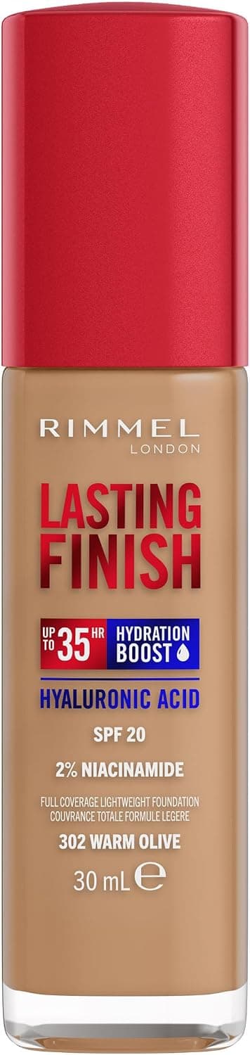Rimmel London Lasting Finish Up to 35h, 302 Warm Olive, Foundation, Longwear, Moisturizing, Vegan Formula, Full Coverage, 30 ml