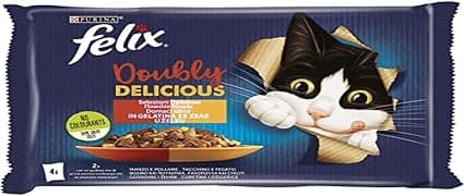 Purina Felix Le Ghiottonerie Doubly Delicious Cibo Umido for Cats with Beef and Chicken Coop, Pouch and Fete, 4 Envelopes of 85 g Each - Image 1