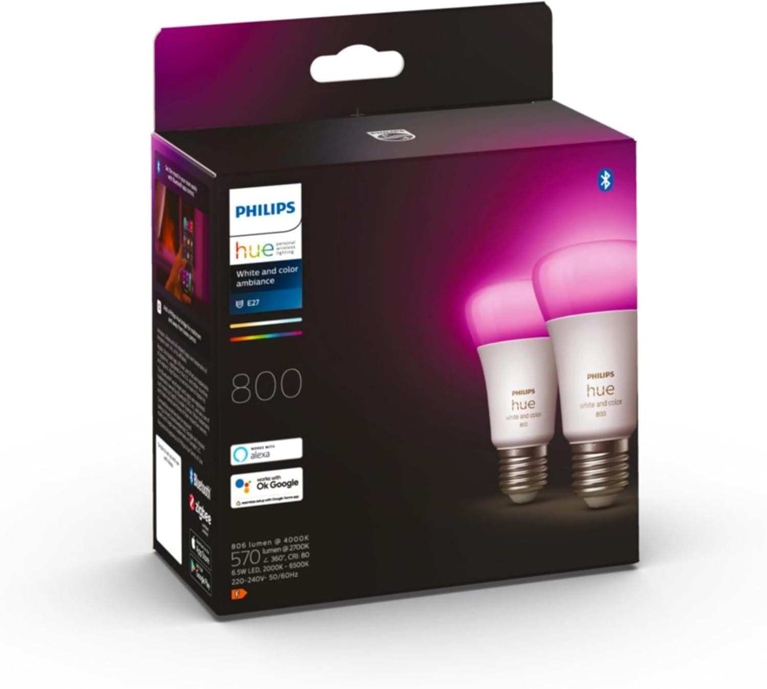 Philips Hue White & Color Ambiance Ampoules LED Connectées E27, équivalent 60W, 800 lumen, Compatible Bluetooth, pack de 2, fonctionne avec Alexa, Google Assistant, Apple Homekit, ancienne génération - Image 1
