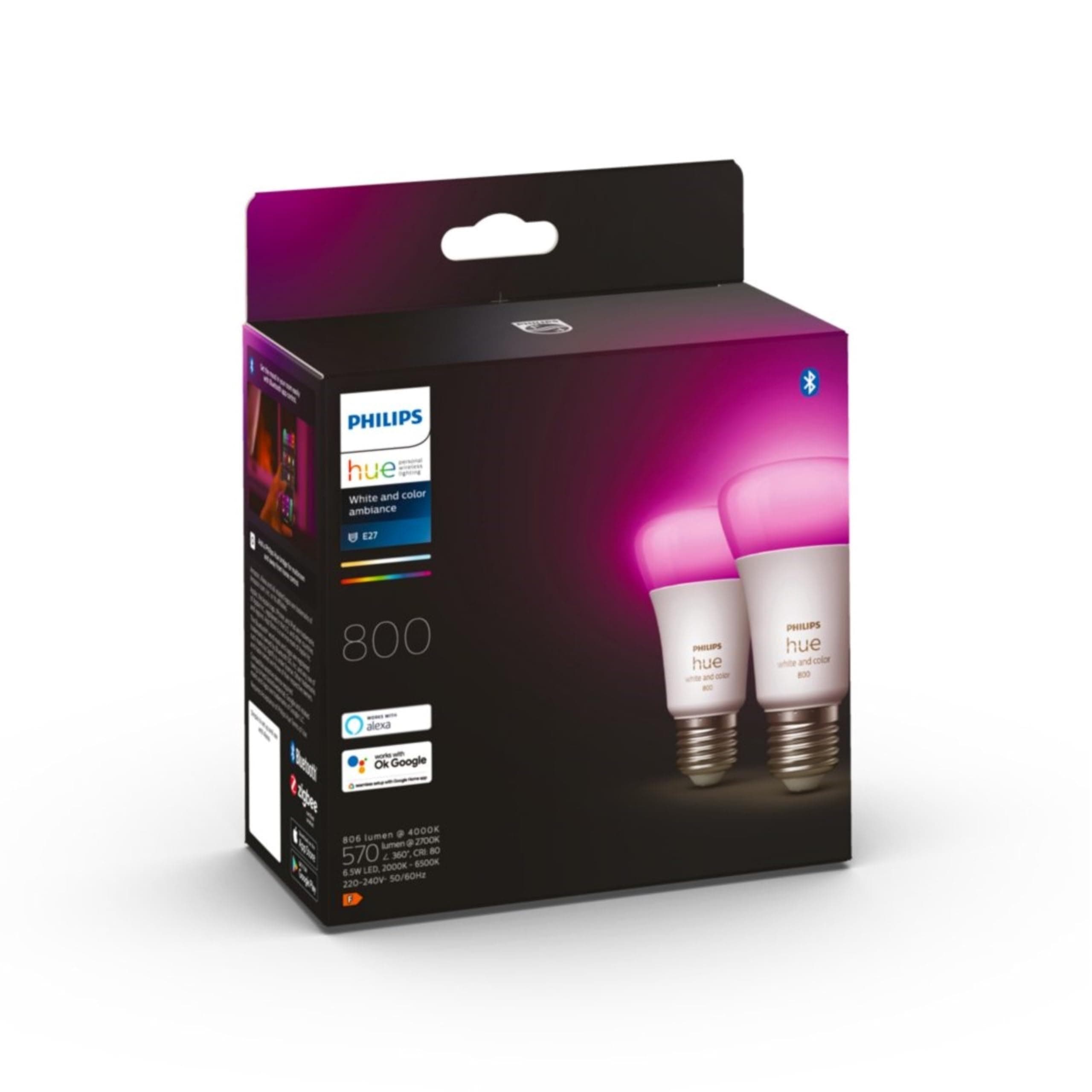 Philips Hue White & Color Ambiance Ampoules LED Connectées E27, équivalent 60W, 800 lumen, Compatible Bluetooth, pack de 2, fonctionne avec Alexa, Google Assistant, Apple Homekit, ancienne génération - Image 2
