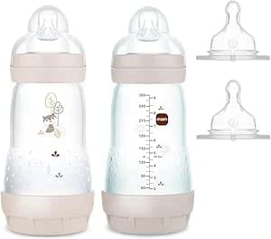 MAM Anti Colic Bottle 260 with Teat Size 1 & 2, Neutral Pack of 2.