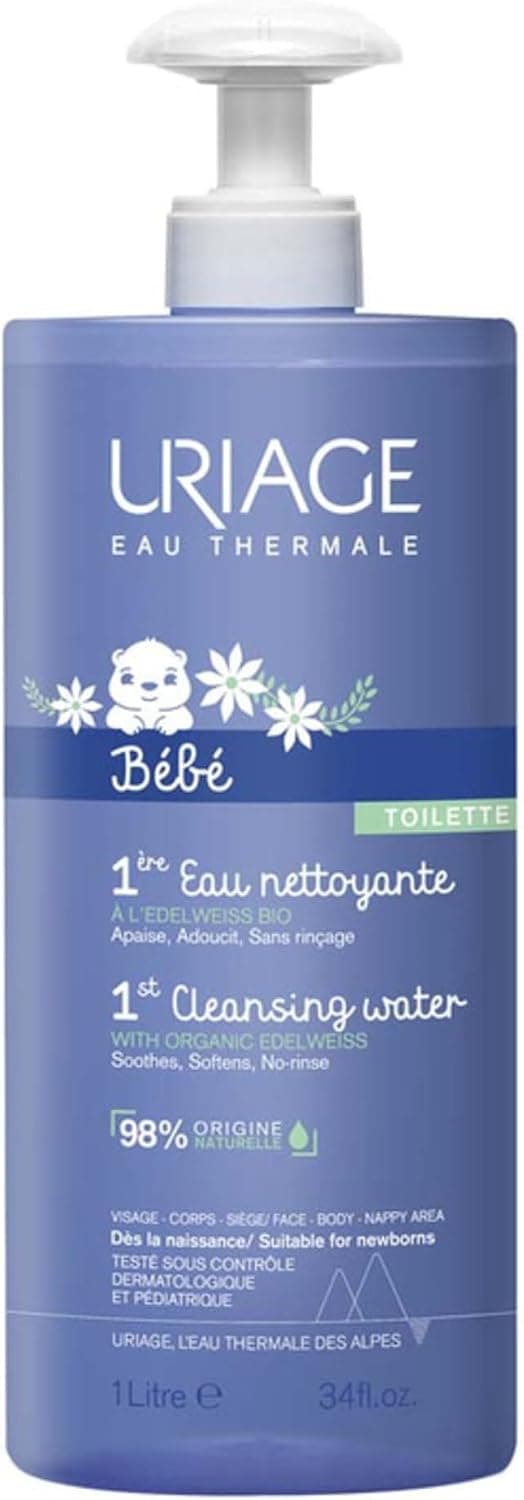 Uriage Bébé Eau Nettoyante sans Rinçage à l'Edelweiss Bio - Nettoie, Apaise et Adoucit la Peau Délicate de Bébé - Pompe Ultra-Pratique - Sans Savon - Visage & Corps - pH Physiologique - 1L